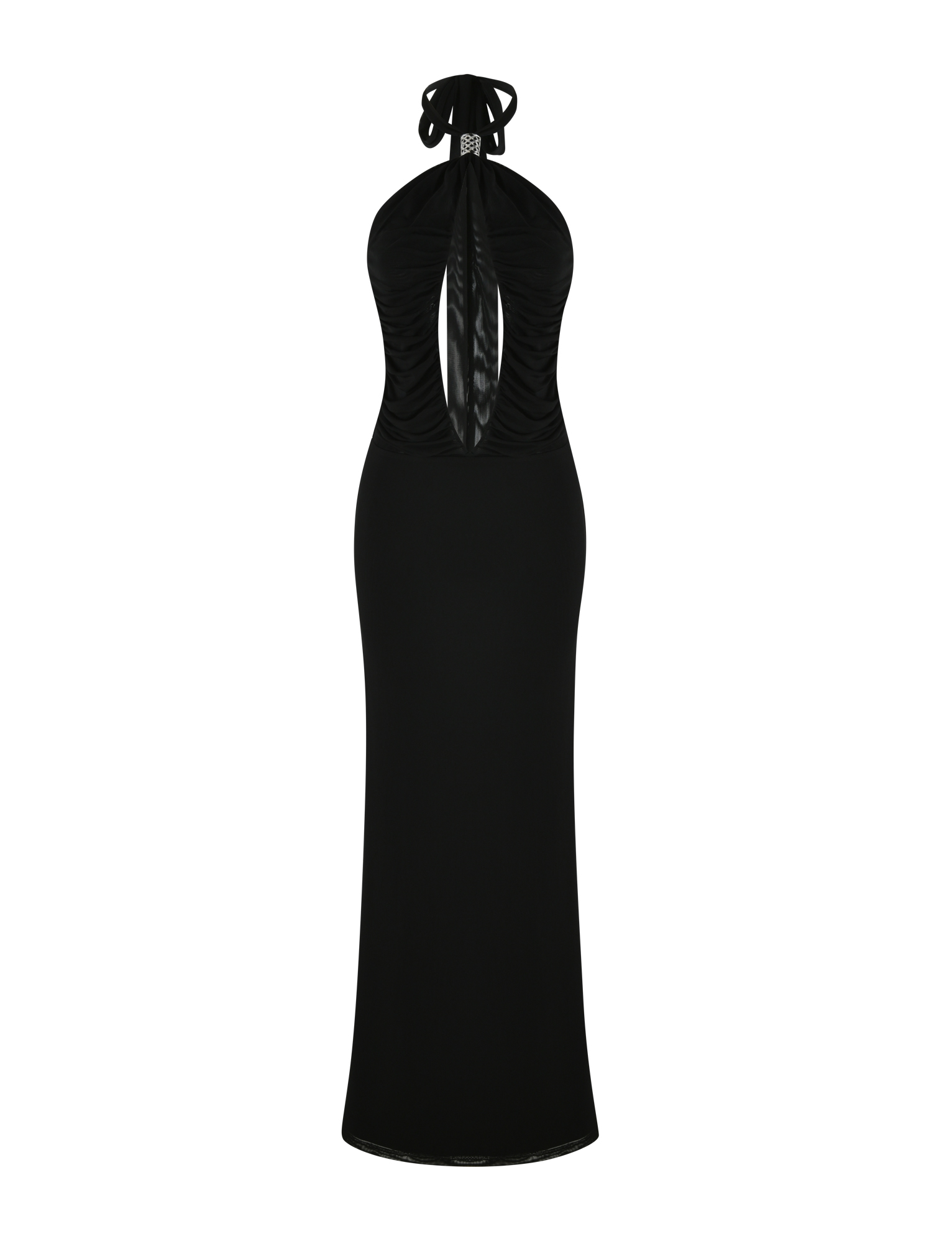 The TIGERMIST ZARA MAXI DRESS - BLACK is a full-length halter dress with a chest keyhole cutout and side ruching, made from high stretch fabric, shown against a plain white background.