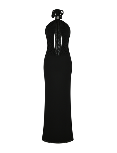 The TIGERMIST ZARA MAXI DRESS - BLACK is a full-length halter dress with a chest keyhole cutout and side ruching, made from high stretch fabric, shown against a plain white background.