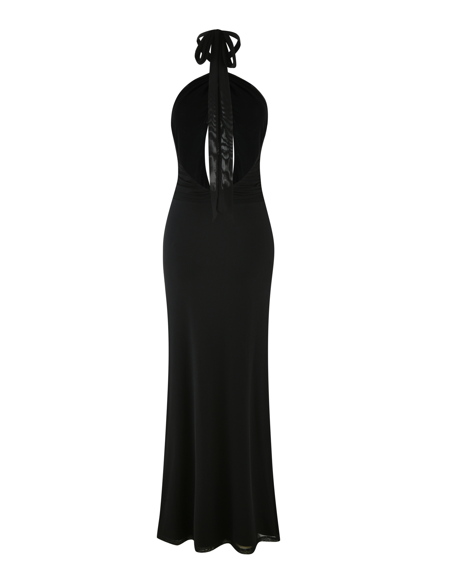 The TIGERMIST ZARA Maxi Dress in black features a halter neckline, open back, and floor-length fitted silhouette in high-stretch fabric, shown against a white background.