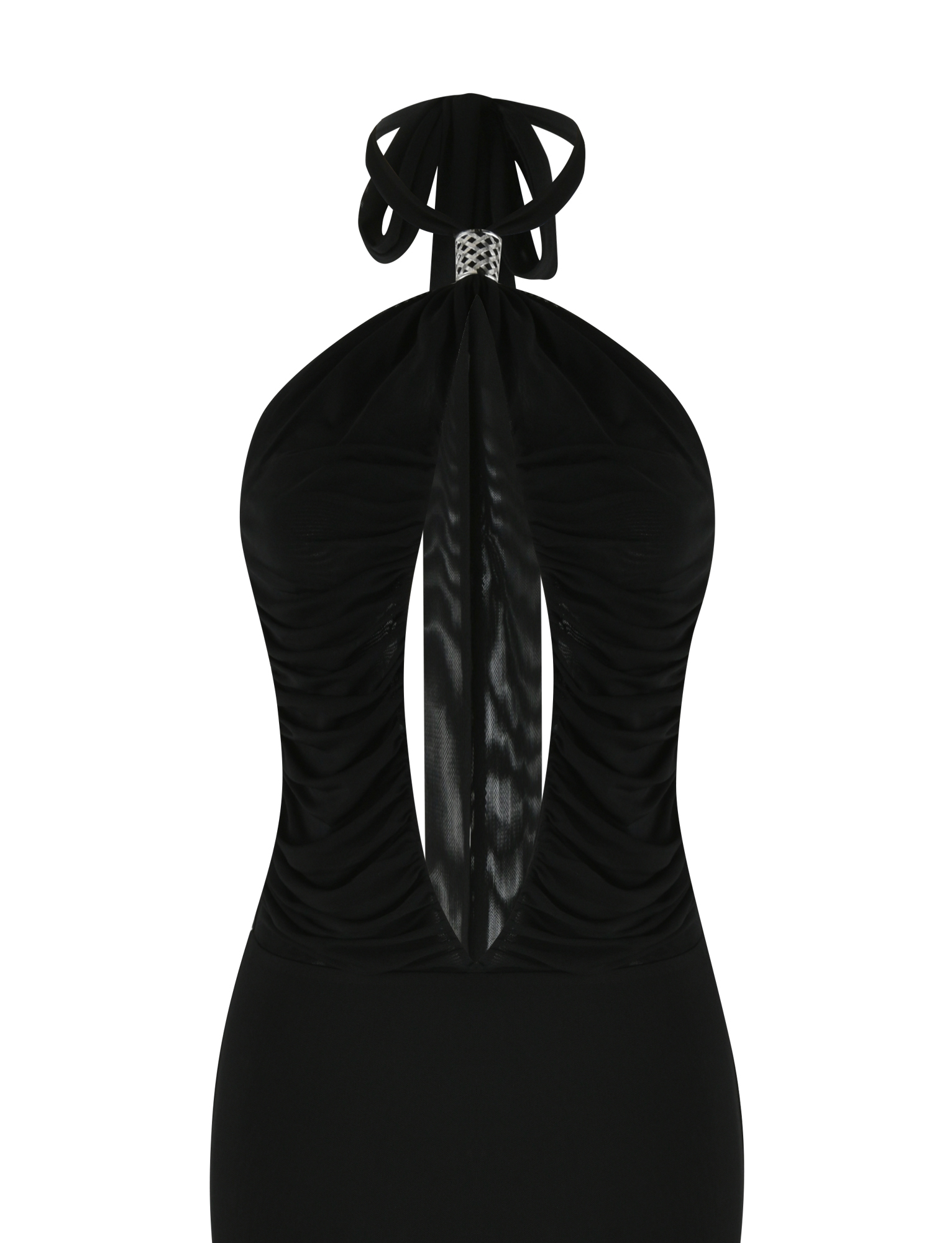 The TIGERMIST ZARA MAXI DRESS - BLACK features a ruched bodice, front keyhole cutout, jeweled neckline clasp, and is made from high stretch fabric for comfort.