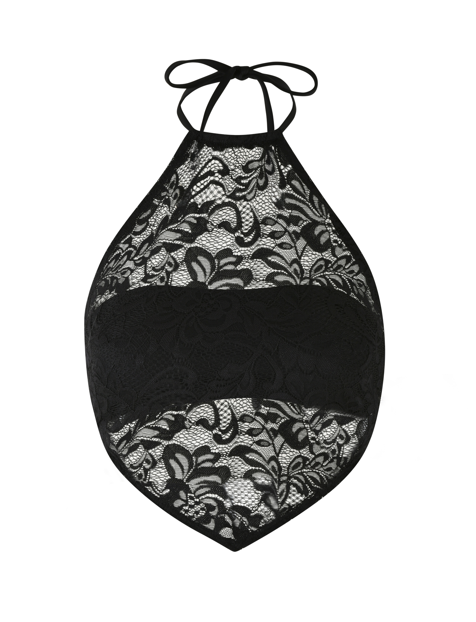 The TIGERMIST SIYA LACE TOP in black features a sheer floral lace halter design with neck tie straps and a solid black band across the chest.