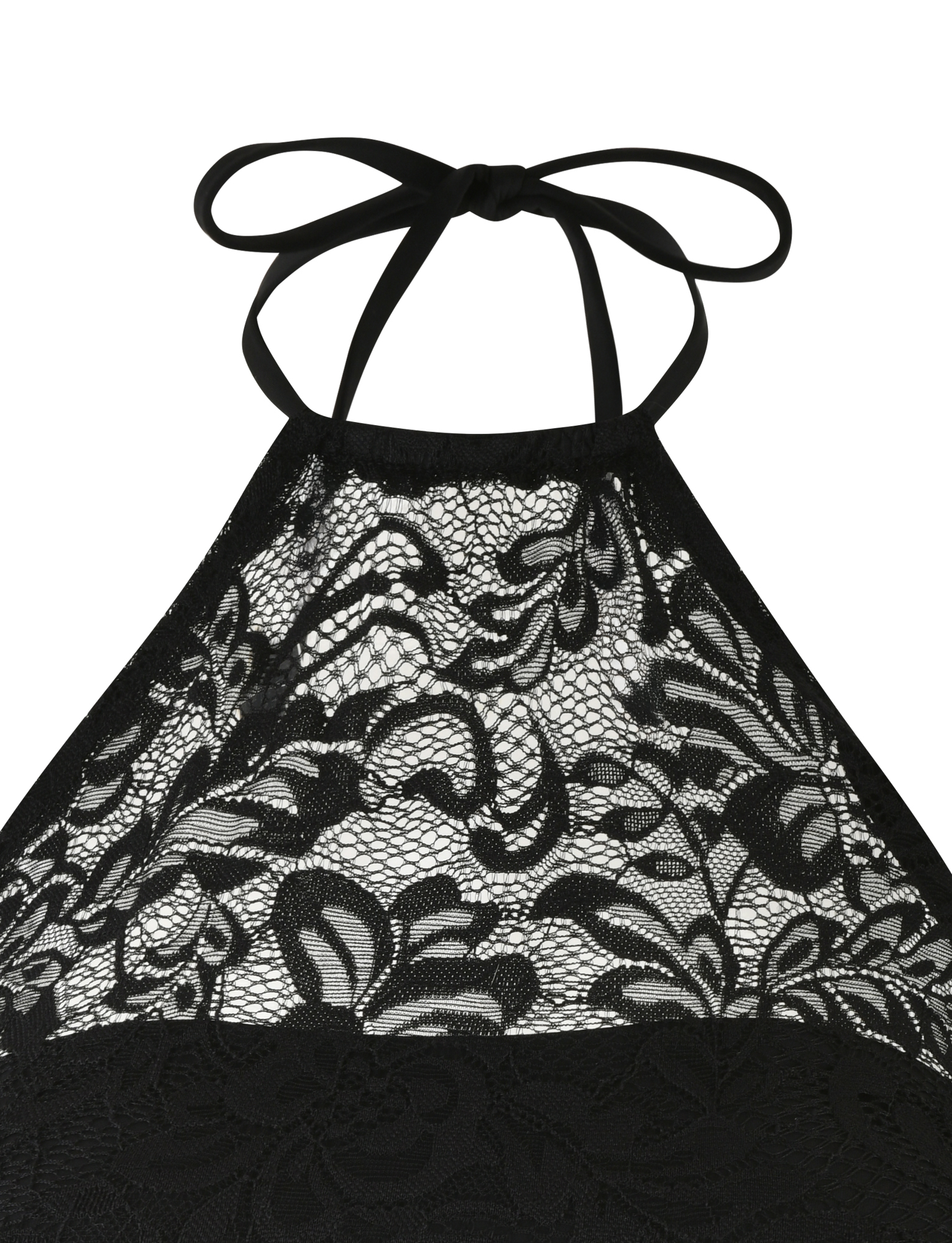 Close-up of the TIGERMIST SIYA LACE TOP - BLACK, featuring sheer black floral lace with a tie at the neck and open back, highlighting its elegant detailing and delicate design.