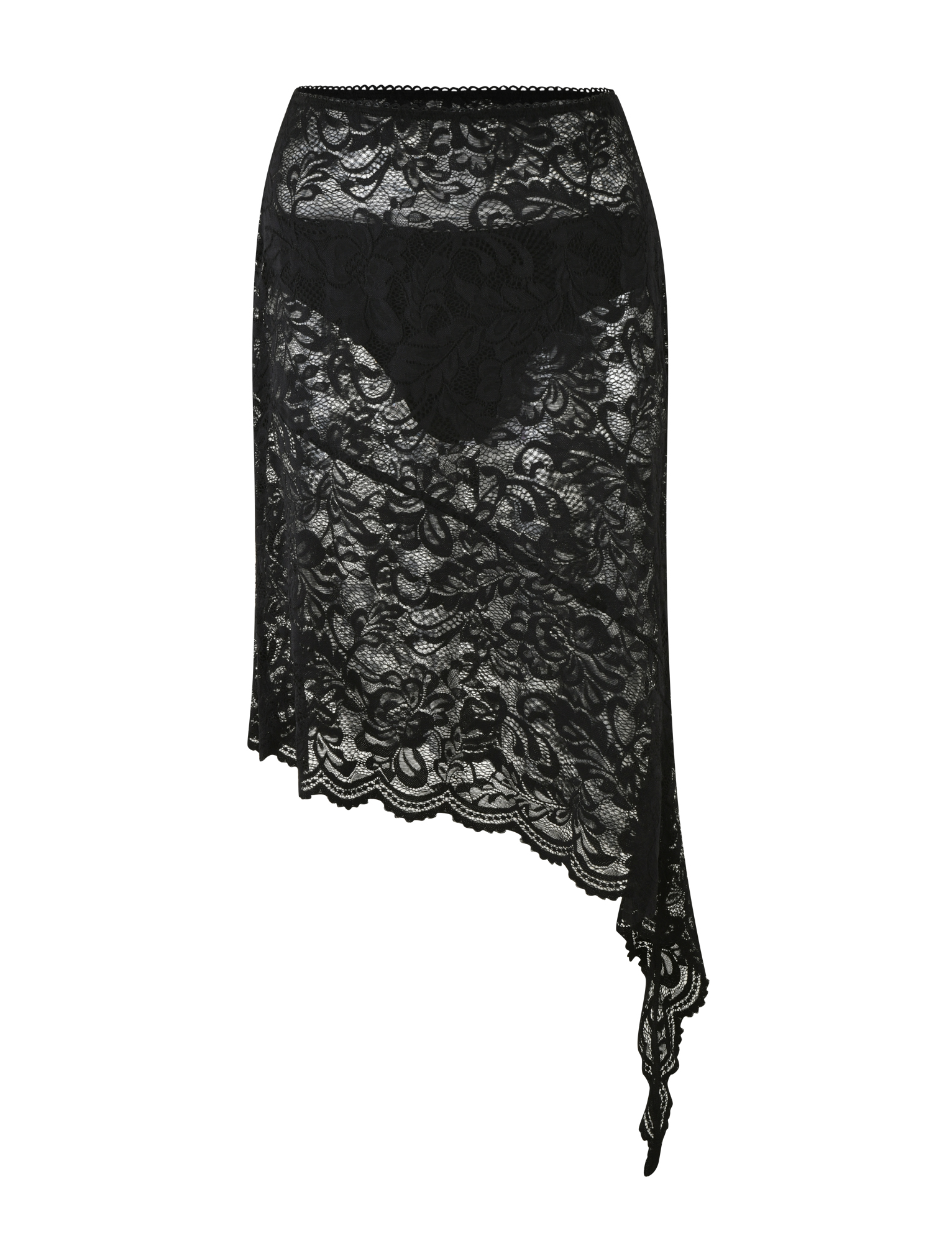 TIGERMIST SIYA MIDI SKIRT in black lace features a sheer floral pattern, high-waisted fit, and an asymmetrical hemline draping lower on one side.