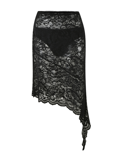 TIGERMIST SIYA MIDI SKIRT in black lace features a sheer floral pattern, high-waisted fit, and an asymmetrical hemline draping lower on one side.