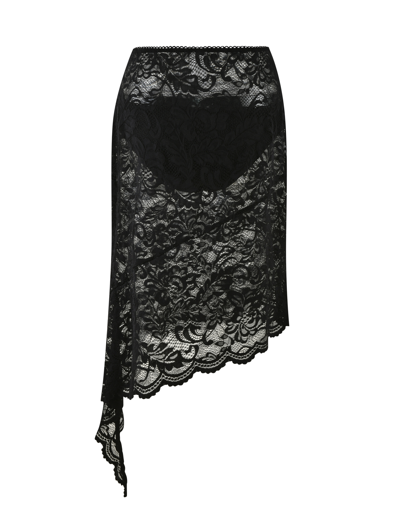 The SIYA MIDI SKIRT by TIGERMIST features black lace with floral patterns, a scalloped asymmetrical hem, draped side detail, semi-sheer finish with nude underlay, and a fitted pull-on waist.