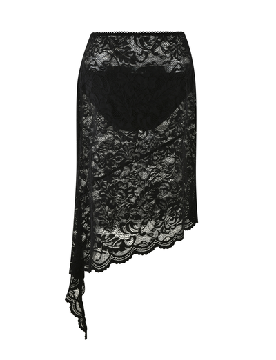 The SIYA MIDI SKIRT by TIGERMIST features black lace with floral patterns, a scalloped asymmetrical hem, draped side detail, semi-sheer finish with nude underlay, and a fitted pull-on waist.
