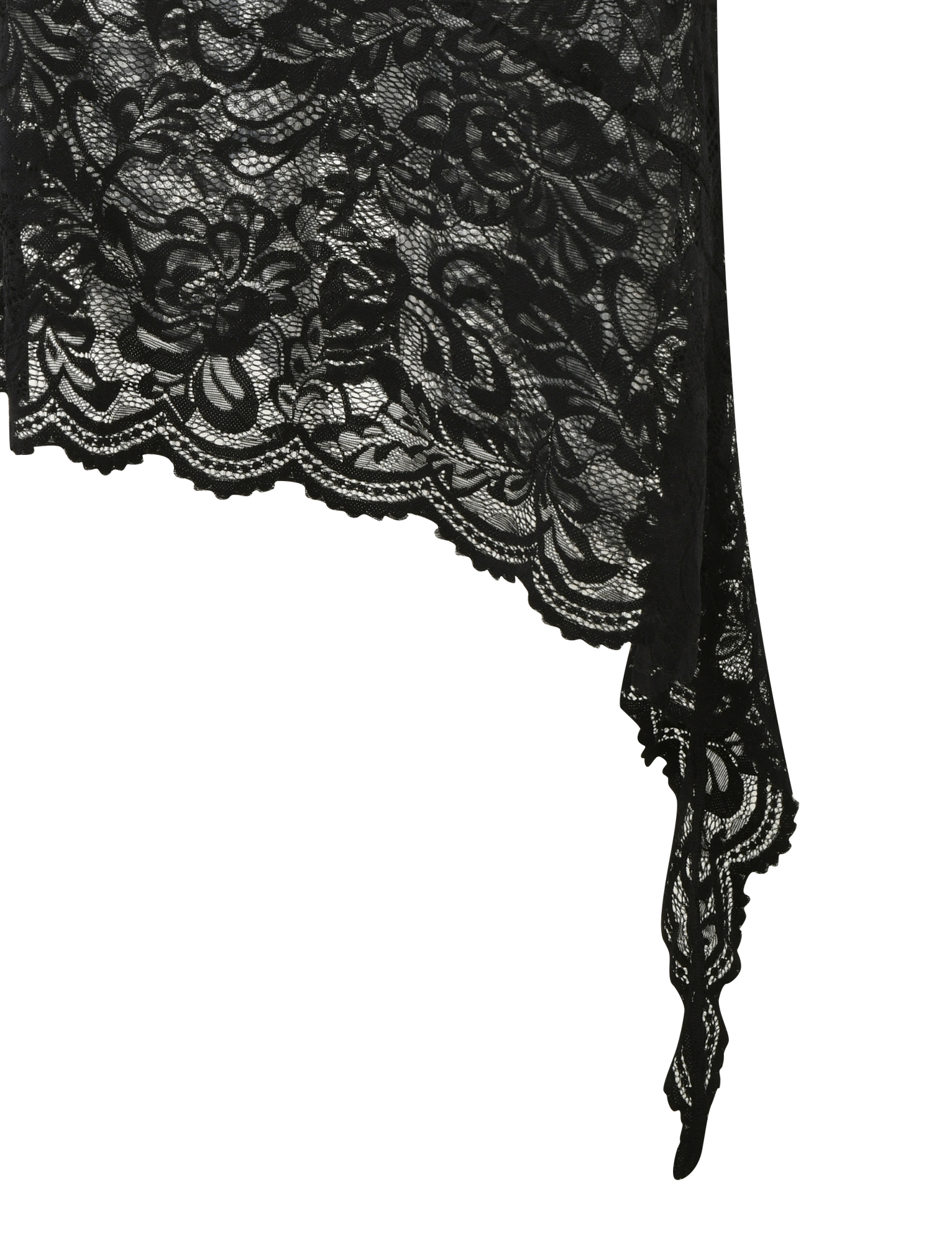 The TIGERMIST SIYA MIDI SKIRT in black lace features scalloped edges, an asymmetrical hemline, and a sheer floral-and-leaf lace pattern for a stunning look.