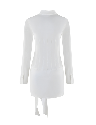 The ZADIE SHIRT DRESS by TIGERMIST is a long-sleeved, white cotton poplin mini dress shown from the back, featuring a collar, fitted waist with vertical seams, and two fabric ties hanging from the hem.