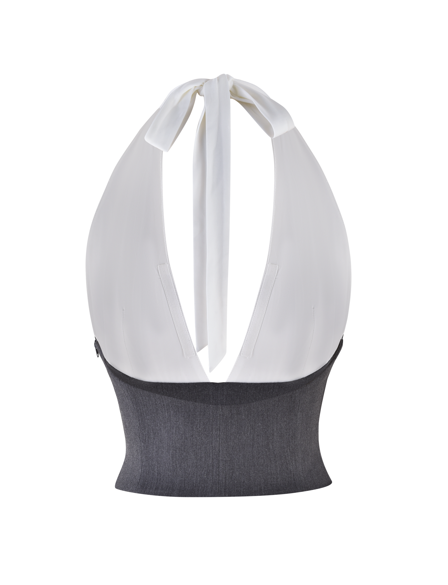 Back view of the TIGERMIST LOTUS TOP - CREAM : GREY, featuring a white halter neck tie, plunging open back, and fitted gray ribbed stretch suiting waist panel.