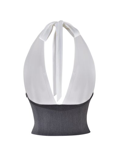 Back view of the TIGERMIST LOTUS TOP - CREAM : GREY, featuring a white halter neck tie, plunging open back, and fitted gray ribbed stretch suiting waist panel.