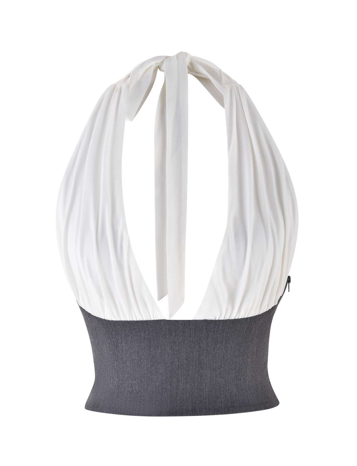 The TIGERMIST LOTUS TOP - CREAM : GREY is a cropped halter with a white gathered neckline that ties at the back, a fitted dark grey ribbed bottom with a stretch suiting waist panel, and an elegant open back that highlights the upper back.
