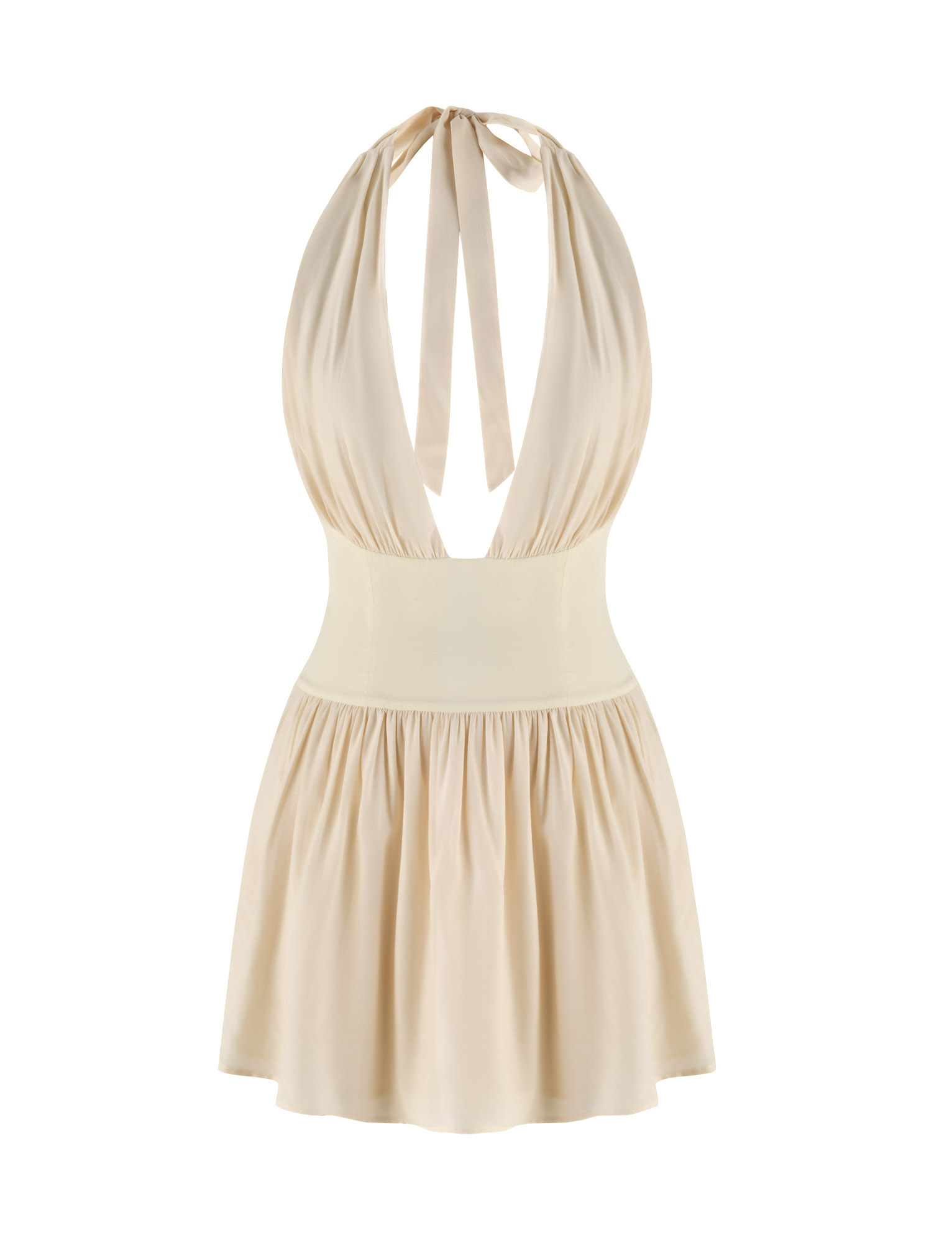 The CALISTA MINI DRESS - YELLOW : BUTTER by TIGERMIST features a halter neckline, fitted waist, and flared gathered skirt in soft, flowing fabric. This mini dress ties at the neck for an elegant look.