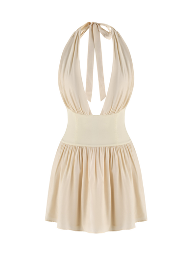 The CALISTA MINI DRESS - YELLOW : BUTTER by TIGERMIST features a halter neckline, fitted waist, and flared gathered skirt in soft, flowing fabric. This mini dress ties at the neck for an elegant look.