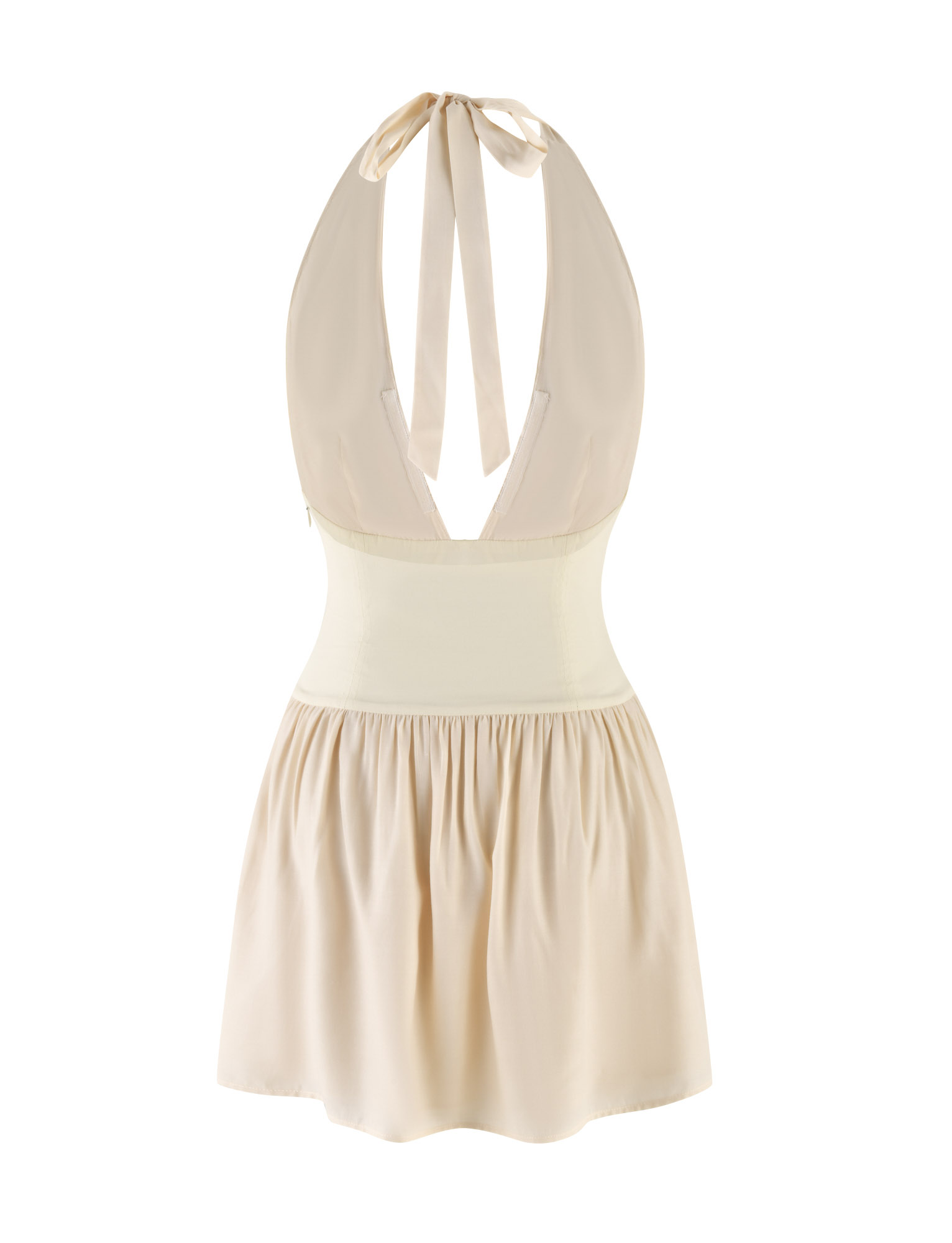 The CALISTA MINI DRESS - YELLOW : BUTTER by TIGERMIST features a beige halter design with an open back, fitted waist panel, flared skirt, neck tie, and plunging neckline.