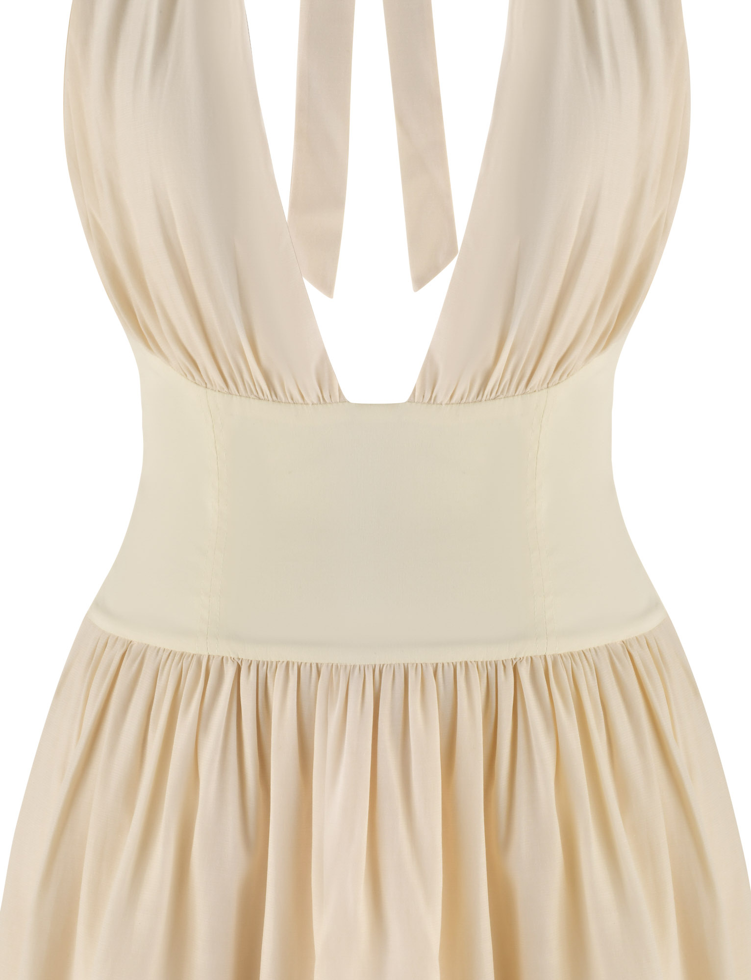 Close-up of the TIGERMIST CALISTA MINI DRESS - YELLOW : BUTTER, a halter mini with a plunging neckline, fitted waist panel, gathered skirt, and wide back neck ties.