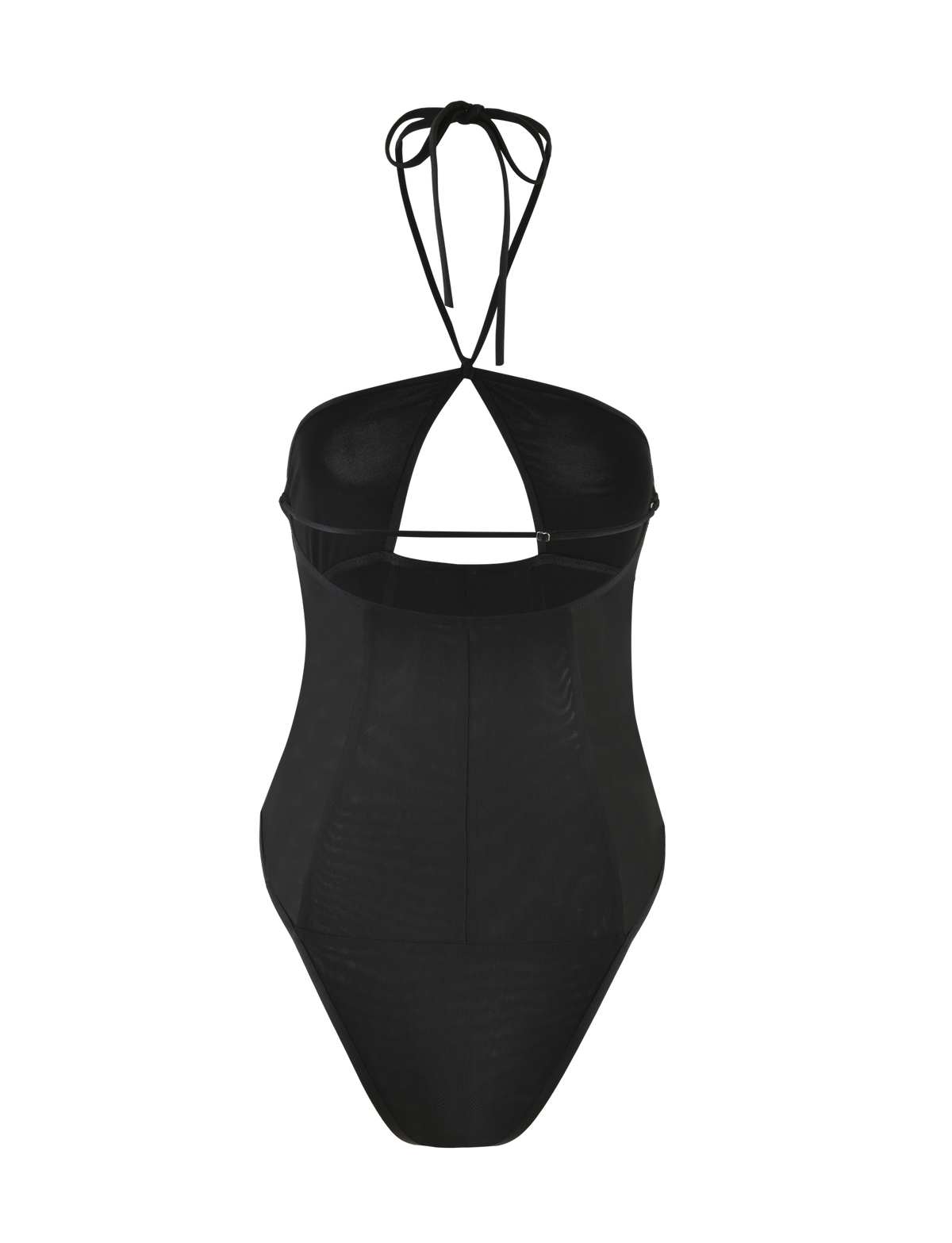 The MELANIA BODYSUIT - BLACK by TIGERMIST is a high-cut, black one-piece with a halter neck and open back, crafted from high stretch fabric and showcased on a plain background.