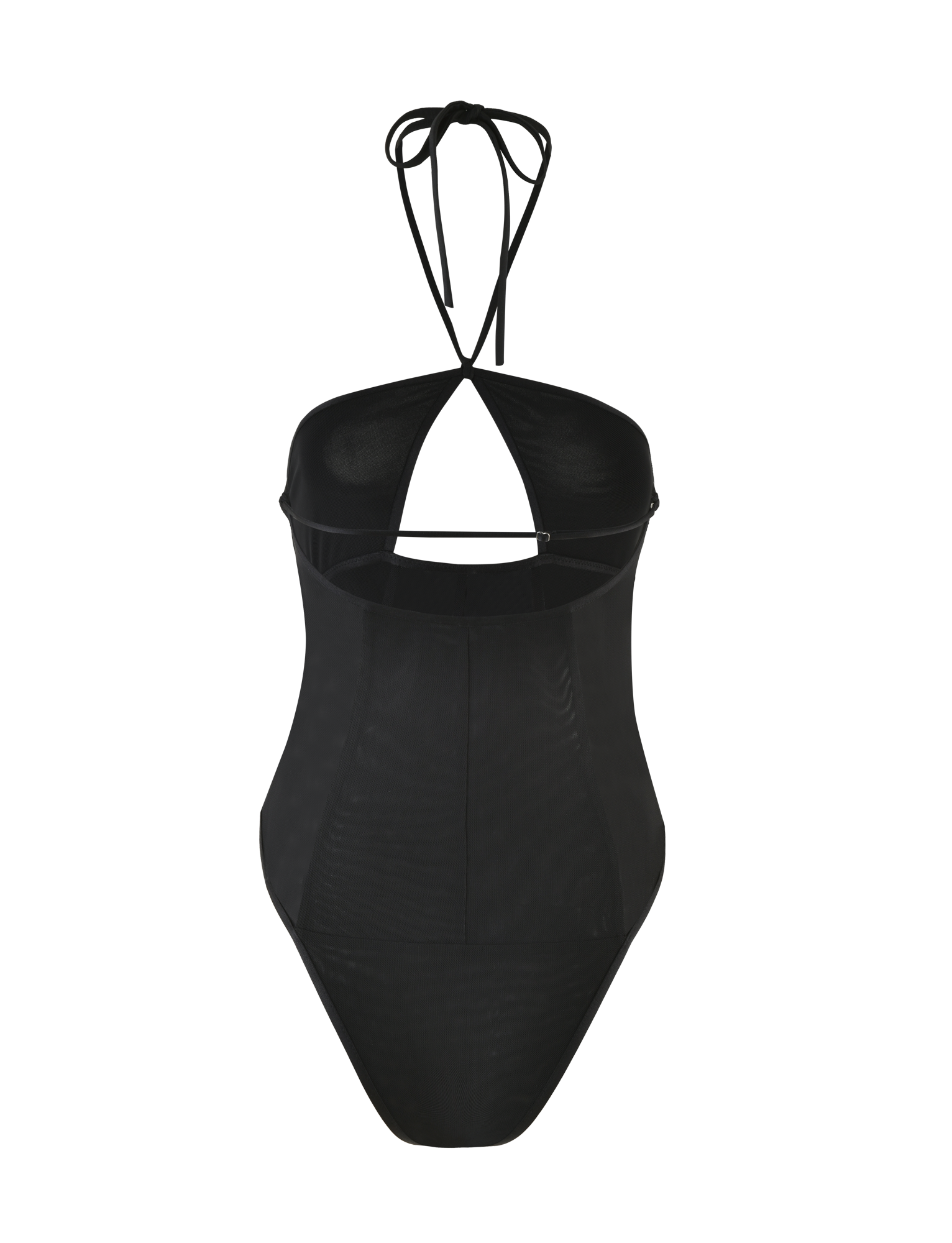 The MELANIA BODYSUIT - BLACK by TIGERMIST is a high-cut, black one-piece with a halter neck and open back, crafted from high stretch fabric and showcased on a plain background.