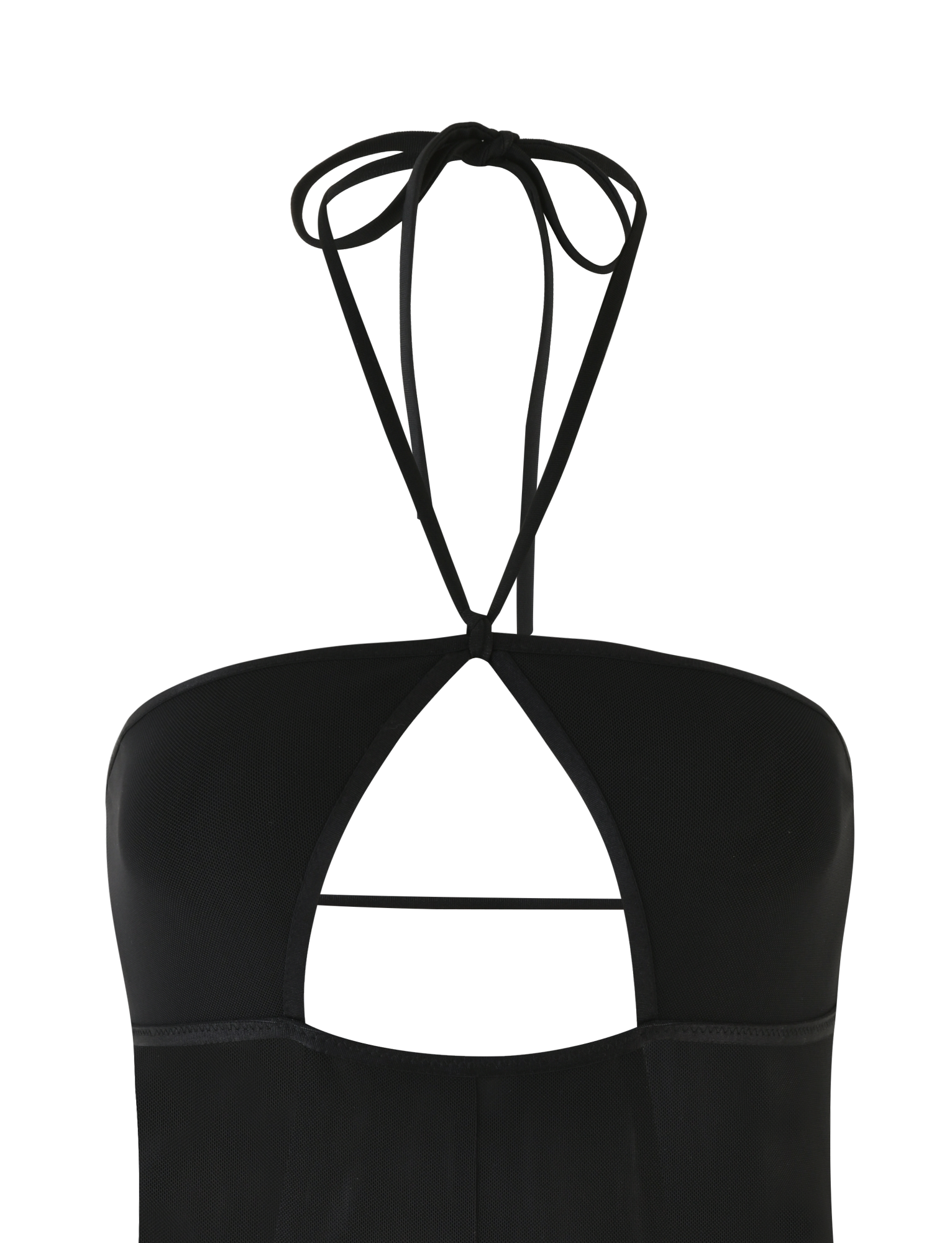 Close-up of the MELANIA BODYSUIT in black by TIGERMIST: a mesh halter neck design with a chest keyhole cutout, adjustable neck strap with tie fastening, and smooth, high-stretch fitted fabric.