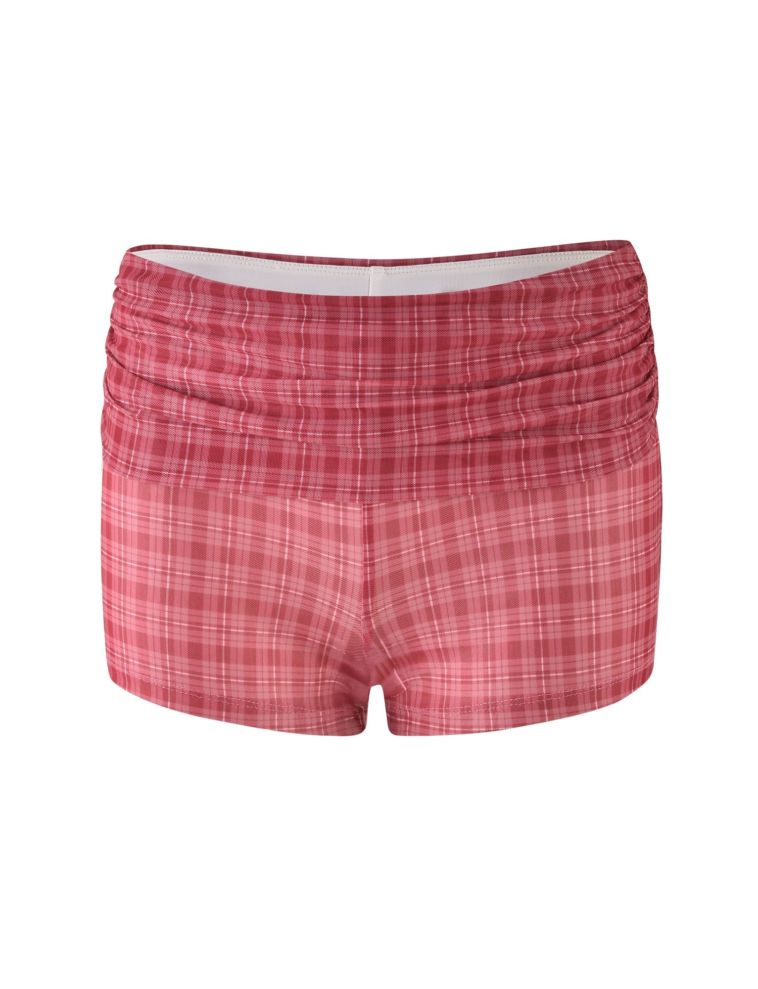 The AMARAN SHORT - RED from TIGERMIST are women's swim shorts in a red check print with a ruched waistband, offering high stretch for comfort, displayed against a white background.