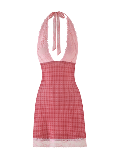 The NAVIA DRESS - RED : RED CHECK by TIGERMIST features a halter-neck, lace detailing on the top, a red plaid skirt, and lace trim at the hem, shown on a white background.