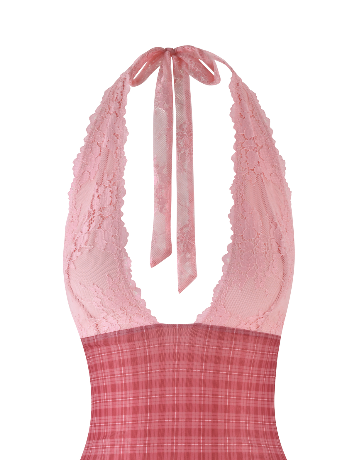 A close-up of the TIGERMIST NAVIA DRESS in RED CHECK, featuring a lace bodice, tied neck bow, and red plaid fabric below.
