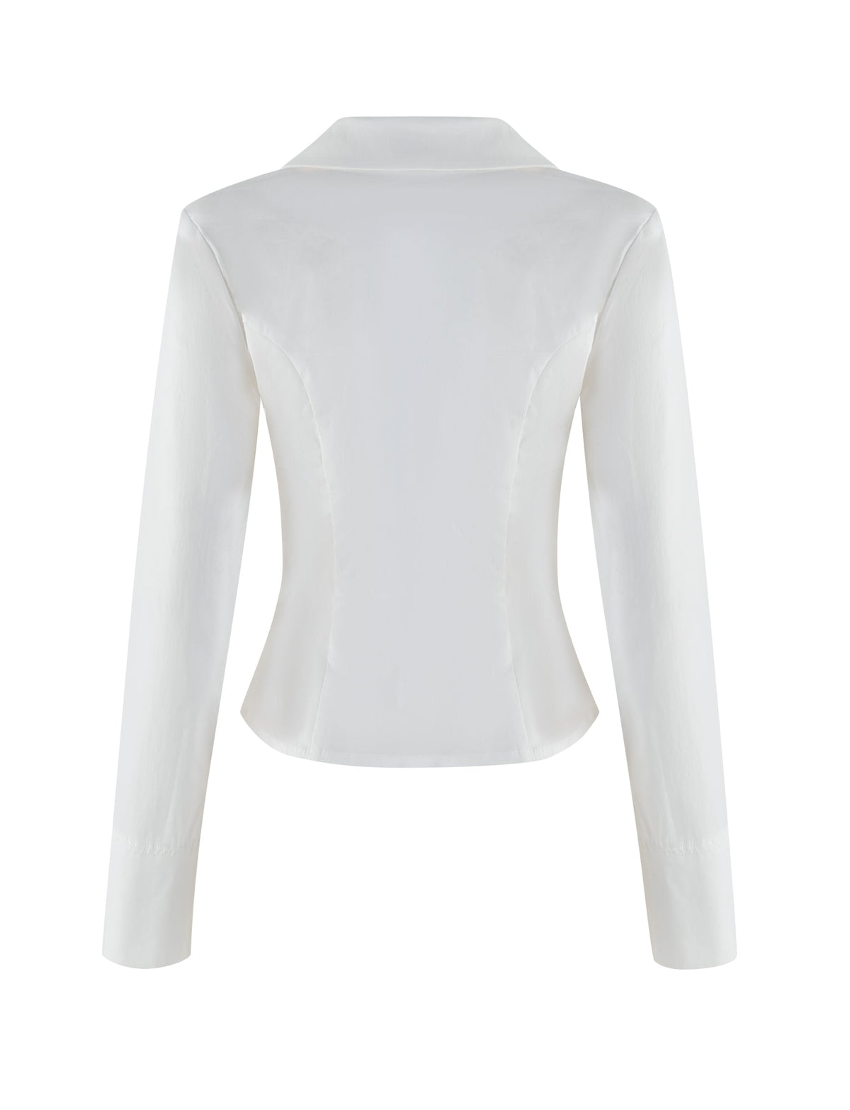 Back view of the TIGERMIST BRIELLE SHIRT - WHITE : IVORY, a long-sleeve blazer-style top with a fitted design in soft stretch fabric. It features a collar and slightly structured shoulders, echoing a classic white shirt look against a plain white backdrop.
