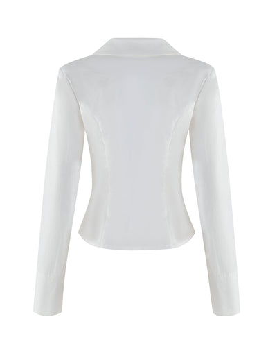 Back view of the TIGERMIST BRIELLE SHIRT - WHITE : IVORY, a long-sleeve blazer-style top with a fitted design in soft stretch fabric. It features a collar and slightly structured shoulders, echoing a classic white shirt look against a plain white backdrop.