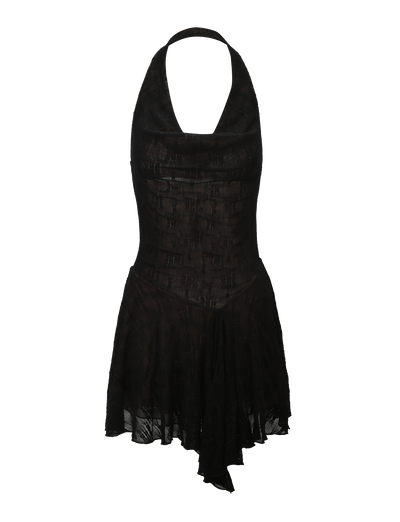 The TIGERMIST FIORELLA DRESS - BLACK LACE features a halter neckline, fitted bodice, and asymmetrical ruffle skirt in sheer textured fabric, creating an elegant fit and flare silhouette perfect for any occasion.