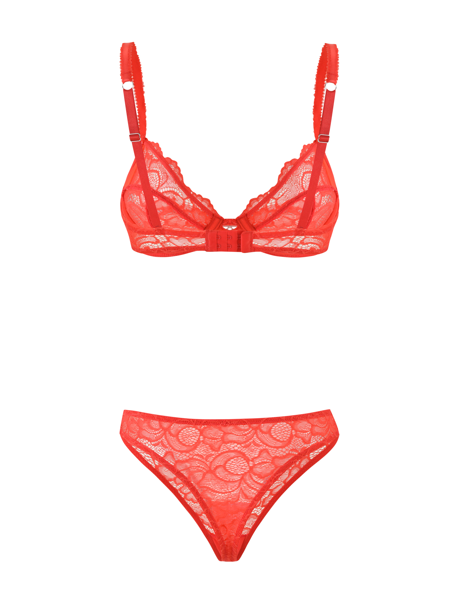 The SIRENE SET 2.0 - RED by TIGERMIST is shown on a white background, featuring a bra with adjustable straps and front clasp, paired with mid-rise lace panties for a matching red lingerie look.