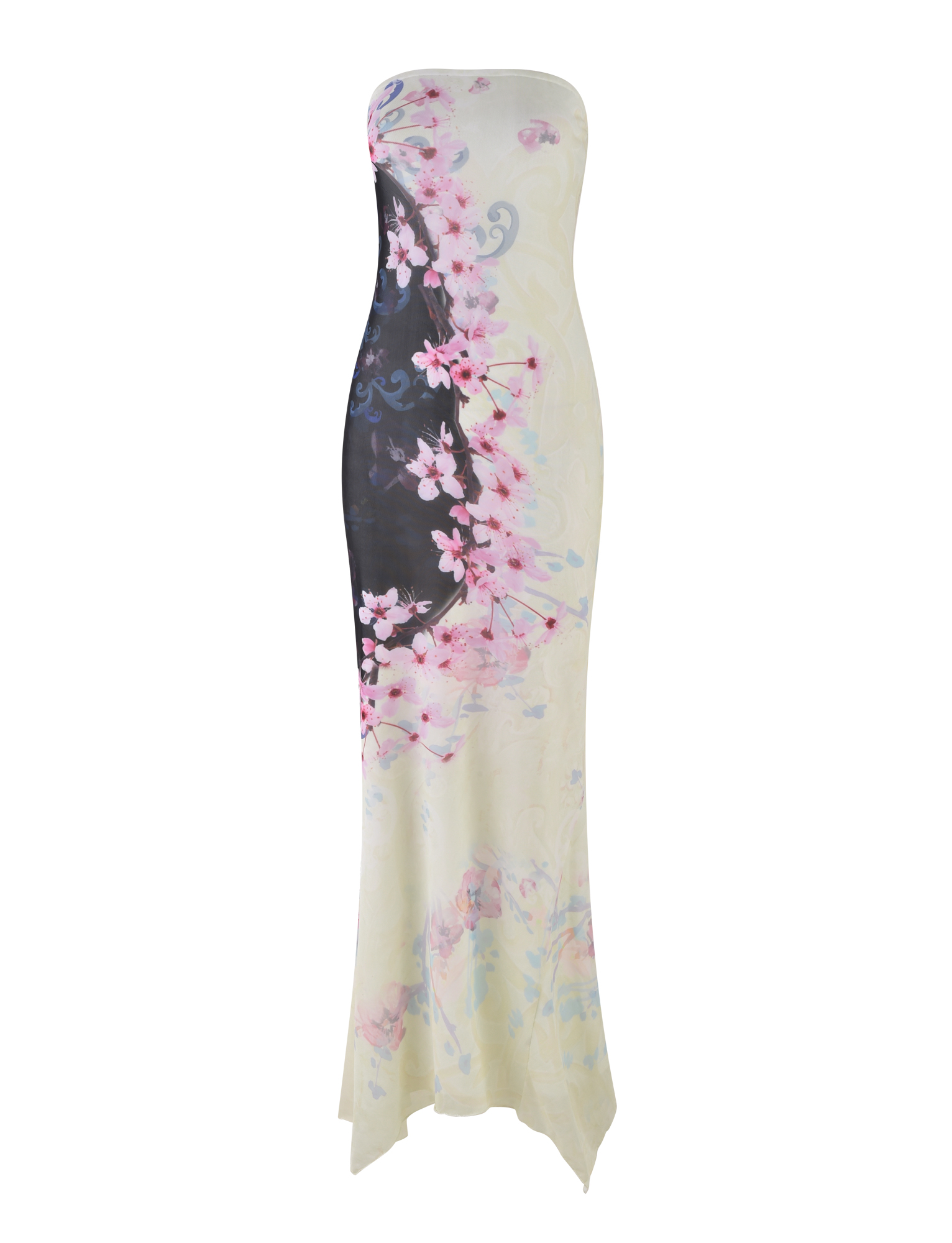 The LILLIAN MAXI DRESS by TIGERMIST is a strapless, fitted mesh maxi in soft cream with high-stretch fabric, featuring the signature cherry blossom floral print in pink with dark and light accents.