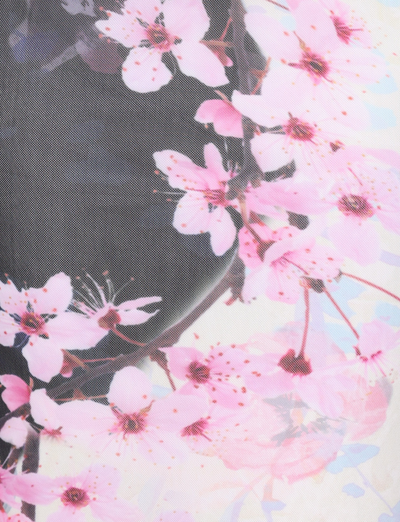 Close-up of pink cherry blossom florals on sheer black mesh fabric from the TIGERMIST LILLIAN MAXI DRESS - MULTI : FLORAL : CHERRY BLOSSUM, creating a delicate and soft pattern for this strapless maxi dress.