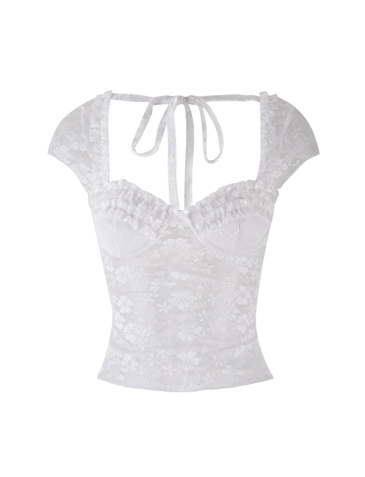 The NYRA TOP - WHITE by TIGERMIST features white semi-sheer floral lace, cap sleeves, a ruffled square neckline, and a tie closure at the back for a delicate, feminine look.