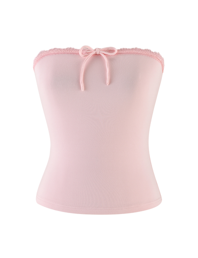 The TIGERMIST MIRELLE TOP in pastel pink is a strapless tube top featuring lace trim along the top edge and a small center bow, shown against a white background.