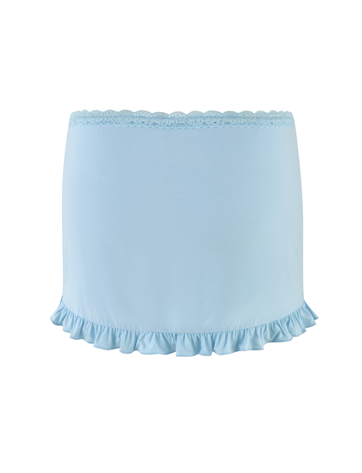 The TIGERMIST MELLIE SKORT - BLUE in baby blue features a buttery jersey fabric, tonal lace waistband, and ruffled hem, shown against a white background.