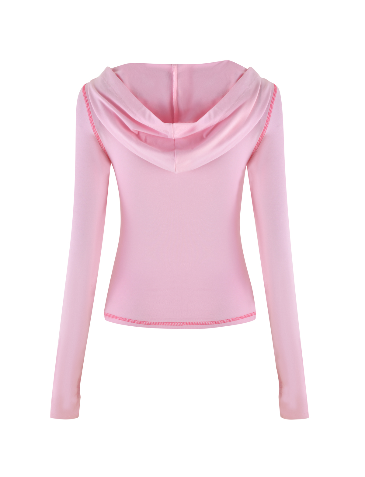 Back view of the TIGERMIST BLAYZE HOODIE in soft pink, featuring long sleeves, a fitted design, and a large hood, displayed on a white background.