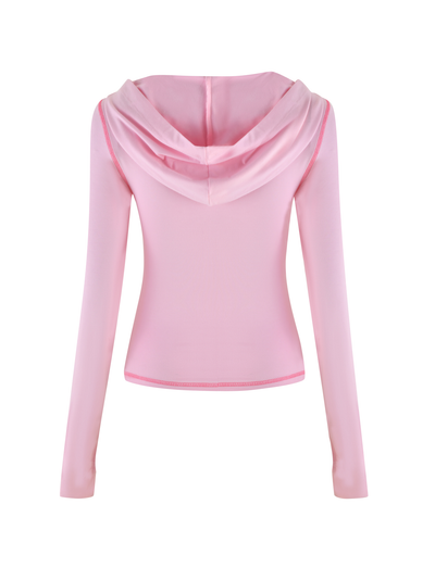 Back view of the TIGERMIST BLAYZE HOODIE in soft pink, featuring long sleeves, a fitted design, and a large hood, displayed on a white background.