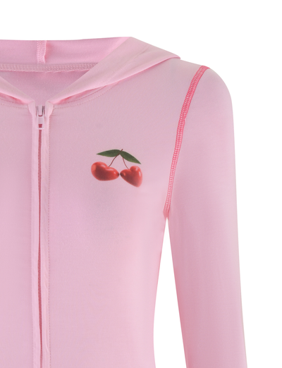 A close-up of the TIGERMIST BLAYZE HOODIE in soft pink, featuring a cherry graphic on the chest and visible pink stitching along the shoulder and arm.