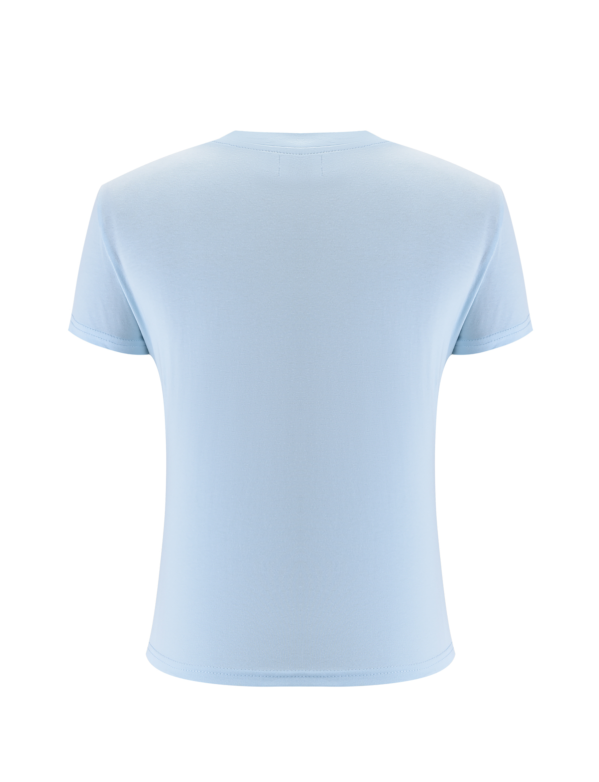 The SAPHIRA TEE - BLUE by TIGERMIST is a light blue, short-sleeve top shown from the back against a white background, featuring subtle blue rhinestones for a hint of sparkle in this classic design.
