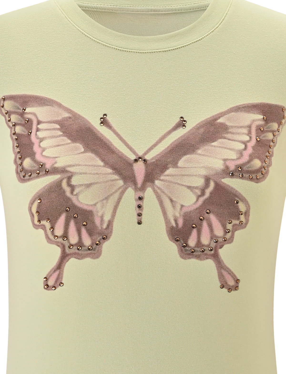 The SAPHIRA TEE by TIGERMIST in butterscotch cotton showcases a bold pink and purple butterfly graphic on the front, highlighted with metallic studs outlining the wings and body.