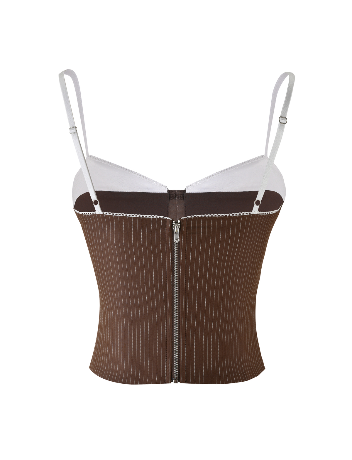 The ANTONELLA CORSET 2.0 by TIGERMIST features a chocolate brown pinstripe suiting fabric, white adjustable straps and upper trim, plus a silver front zipper for a structured, tailored fit.