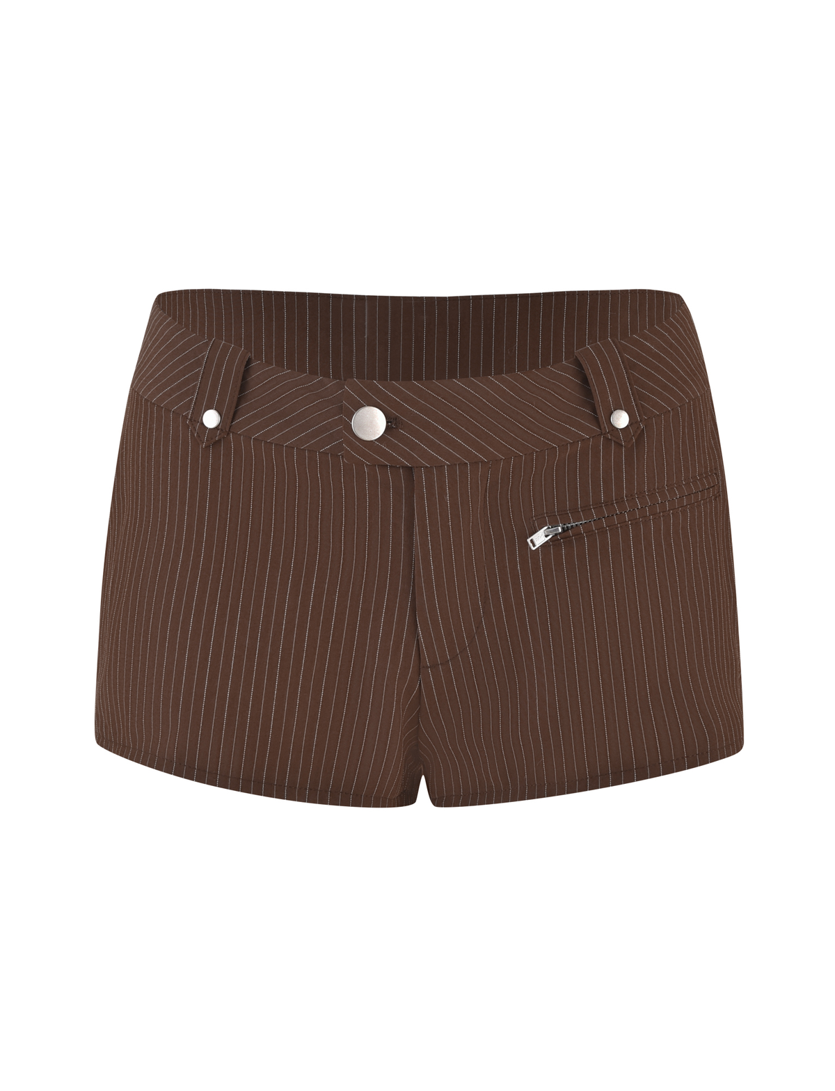 The TIGERMIST ANTONELLA SHORT in chocolate pinstripe features a low rise, tailored fit, belt loops, front button, and a right diagonal zippered pocket for a sleek finish.