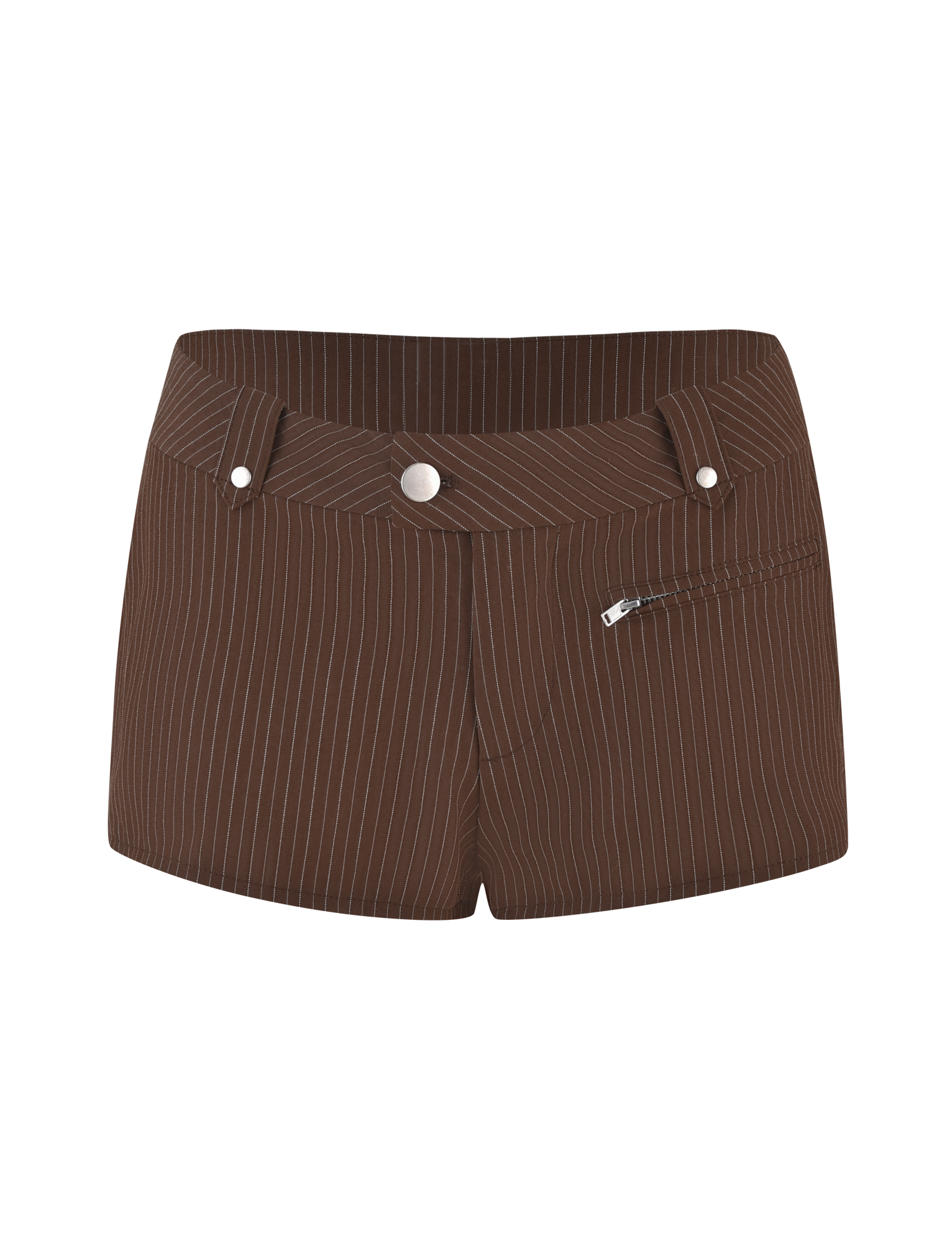 The TIGERMIST ANTONELLA SHORT in chocolate pinstripe features a low rise, tailored fit, belt loops, front button, and a right diagonal zippered pocket for a sleek finish.