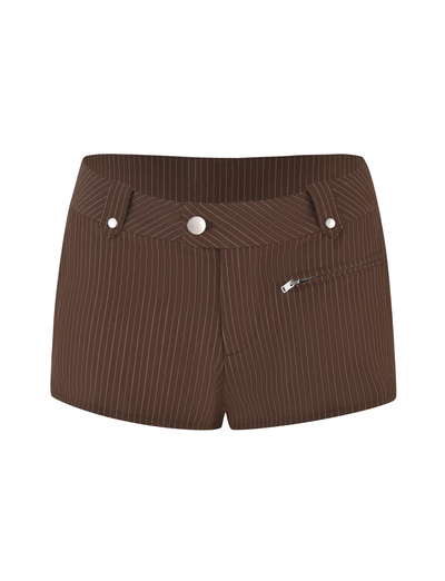 The TIGERMIST ANTONELLA SHORT in chocolate pinstripe features a low rise, tailored fit, belt loops, front button, and a right diagonal zippered pocket for a sleek finish.