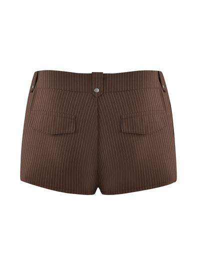 TIGERMIST ANTONELLA SHORT in chocolate pinstripe features two back pockets, belt loops, a button waistband, and vertical white pinstripes. Tailored fit shown from the back against a white background.