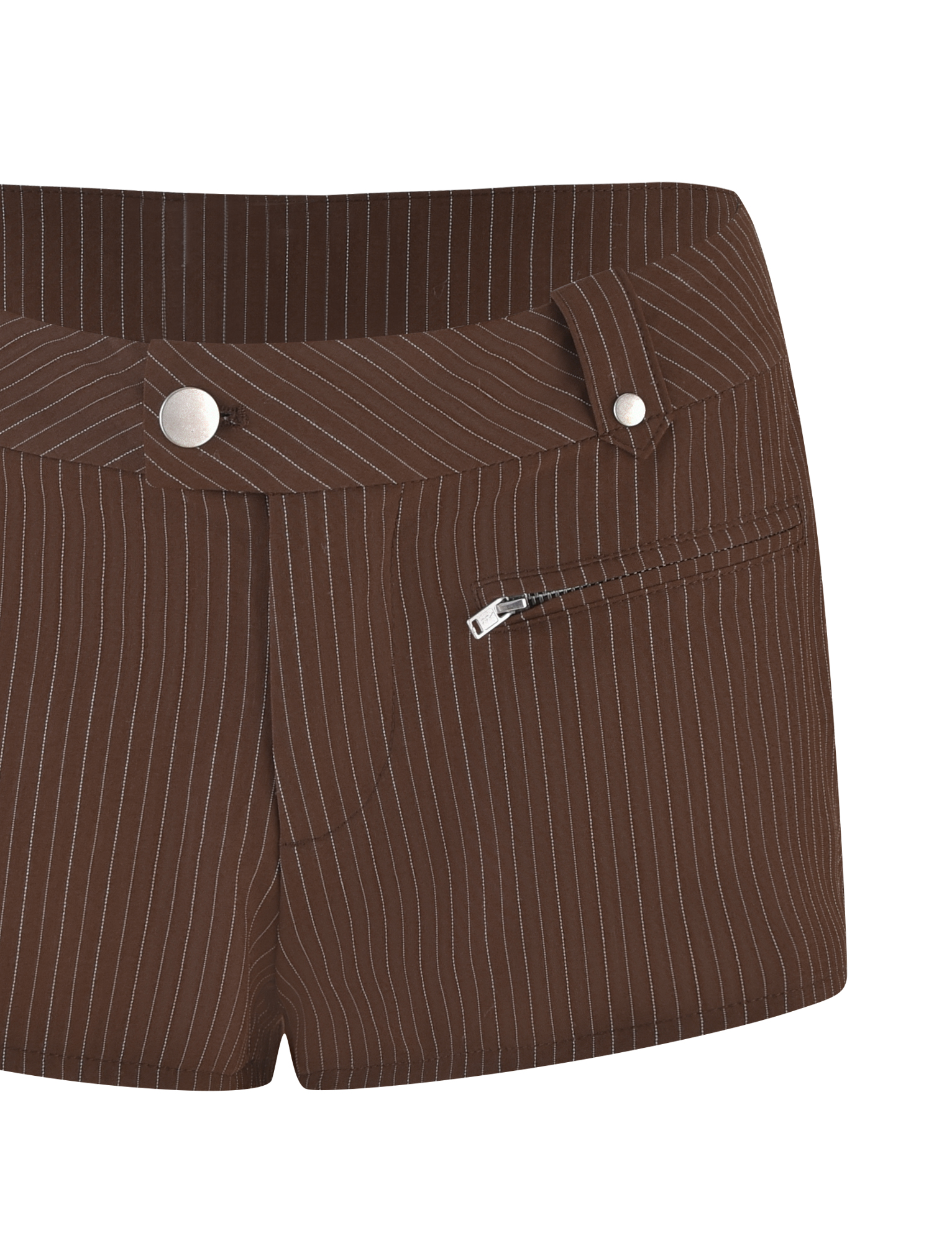 The TIGERMIST ANTONELLA SHORT in chocolate pinstripe features a tailored fit, silver button, rivet detail on the waistband, diagonal zippered pocket, and slightly angled waistband against a white background.