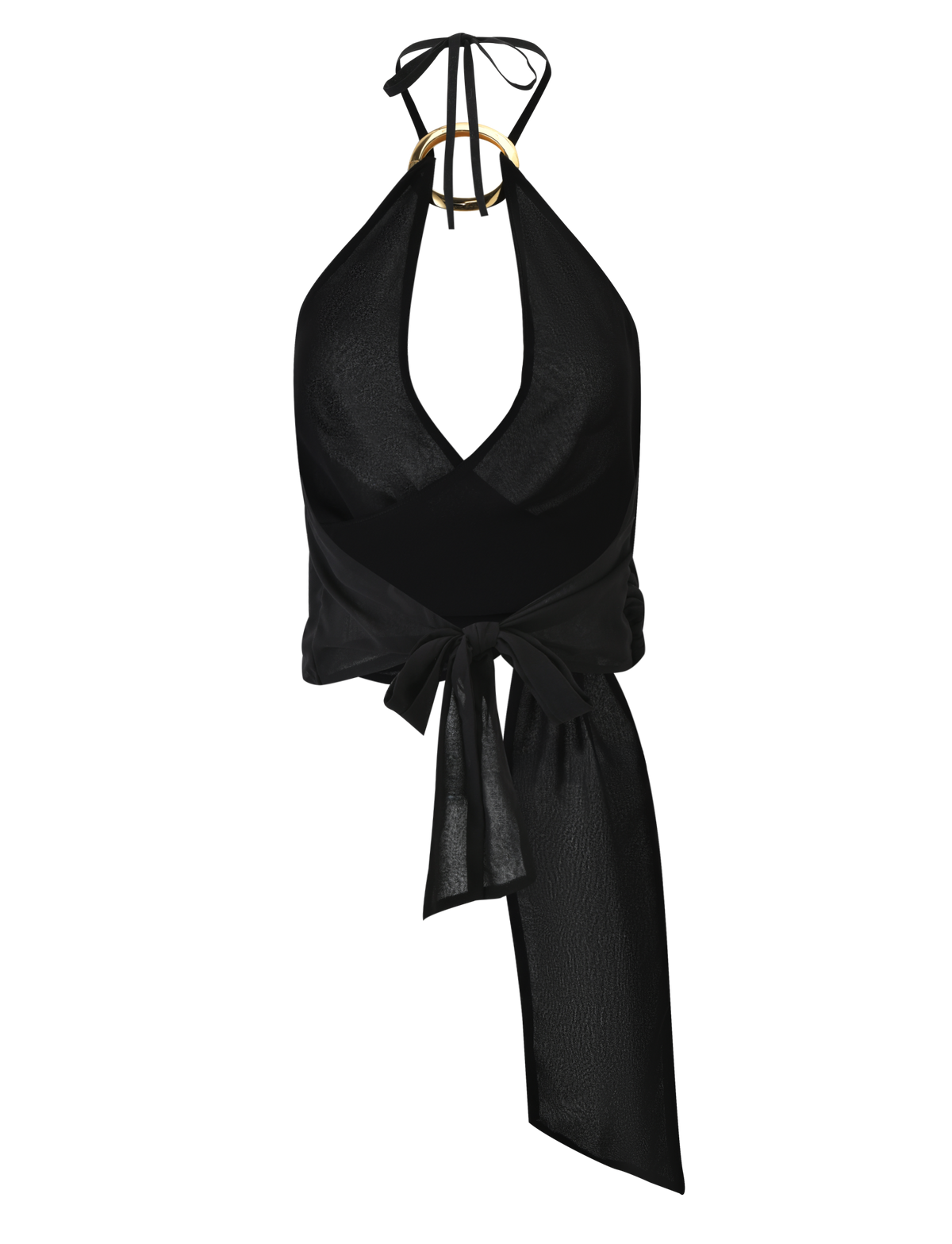 The INDIGO TOP - BLACK by TIGERMIST features a black halter neck style, deep V-neck, gold-tone ring accents, front tie with long sash, and an adjustable back for a perfect fit.