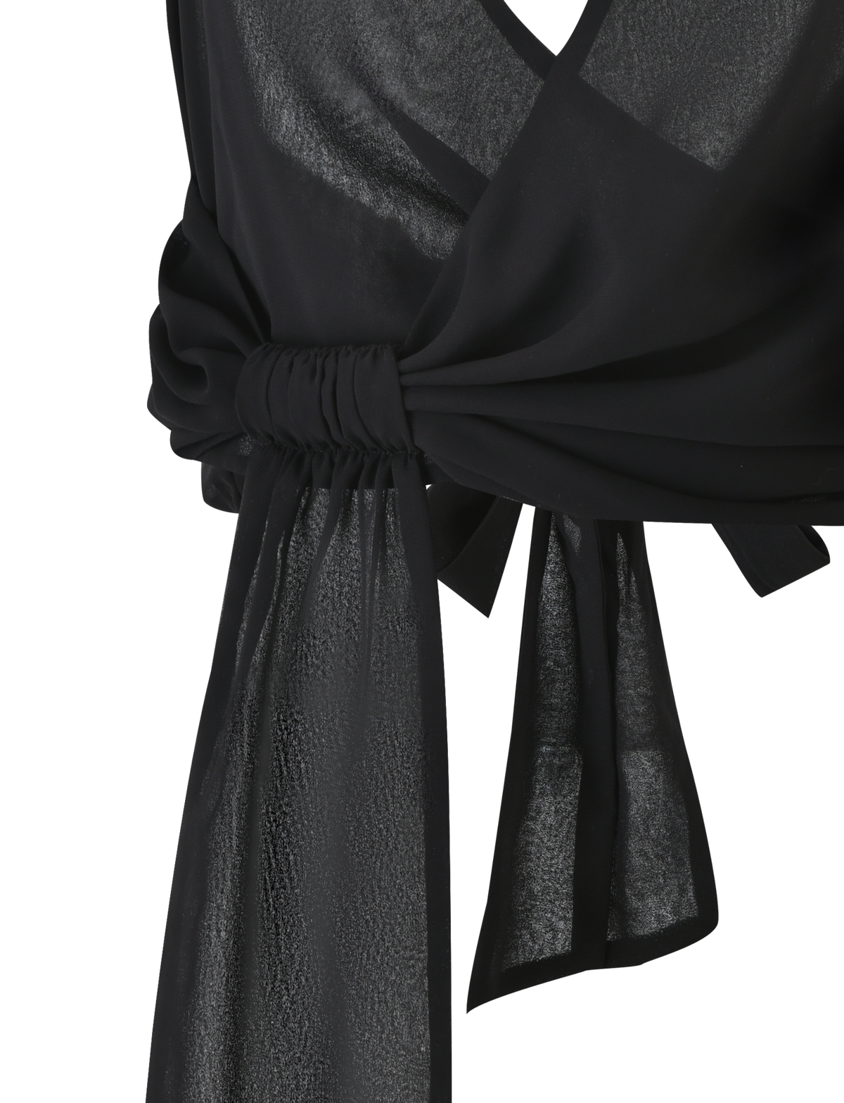 Close-up of the INDIGO TOP - BLACK by TIGERMIST, a sheer, shimmery chiffon piece with a ruched waistband, long flowing tie detail, and adjustable back for a custom fit.