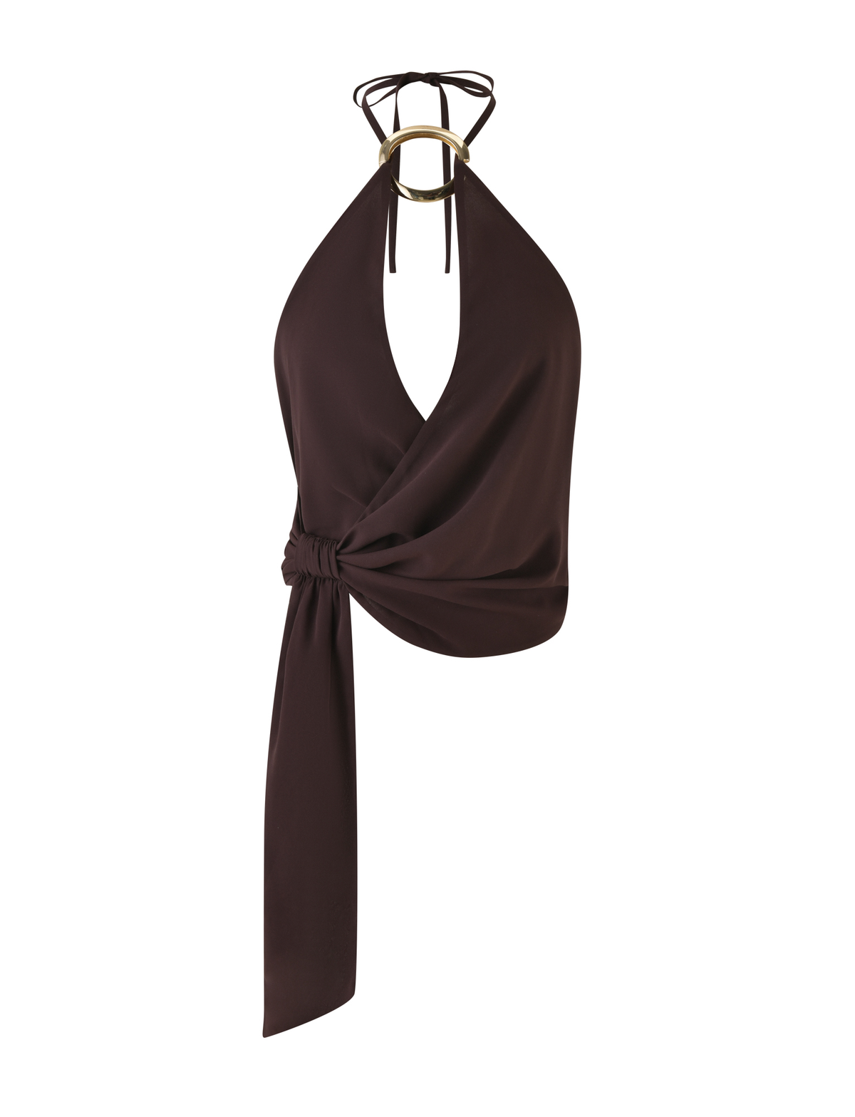 The INDIGO TOP - BROWN : CHOCOLATE by TIGERMIST is a chocolate brown chiffon halter top with a deep v-neckline, gold ring neck detail, wrap-front, and long adjustable tie back, shown on a plain white background.
