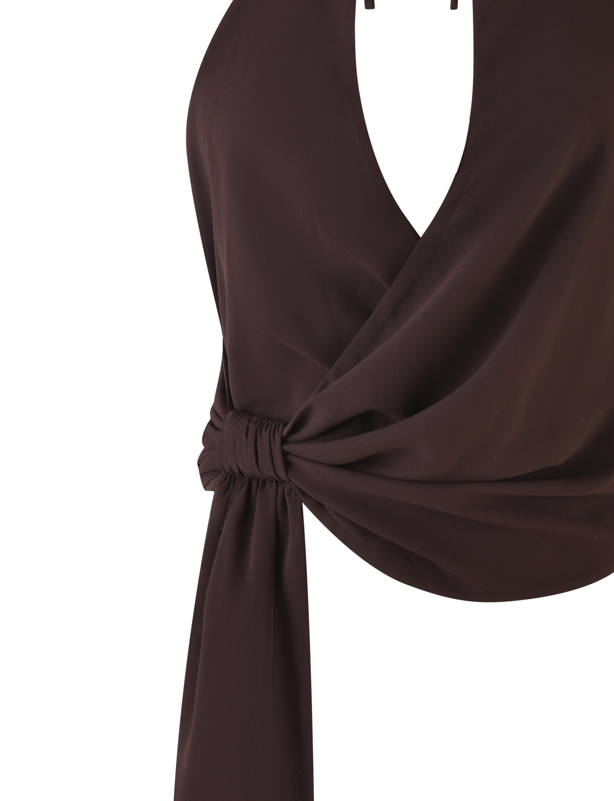 The INDIGO TOP - BROWN : CHOCOLATE by TIGERMIST is a sleeveless chiffon top with a chocolate hue, featuring a wrap-style design, side tie detail, and draped V-neckline.