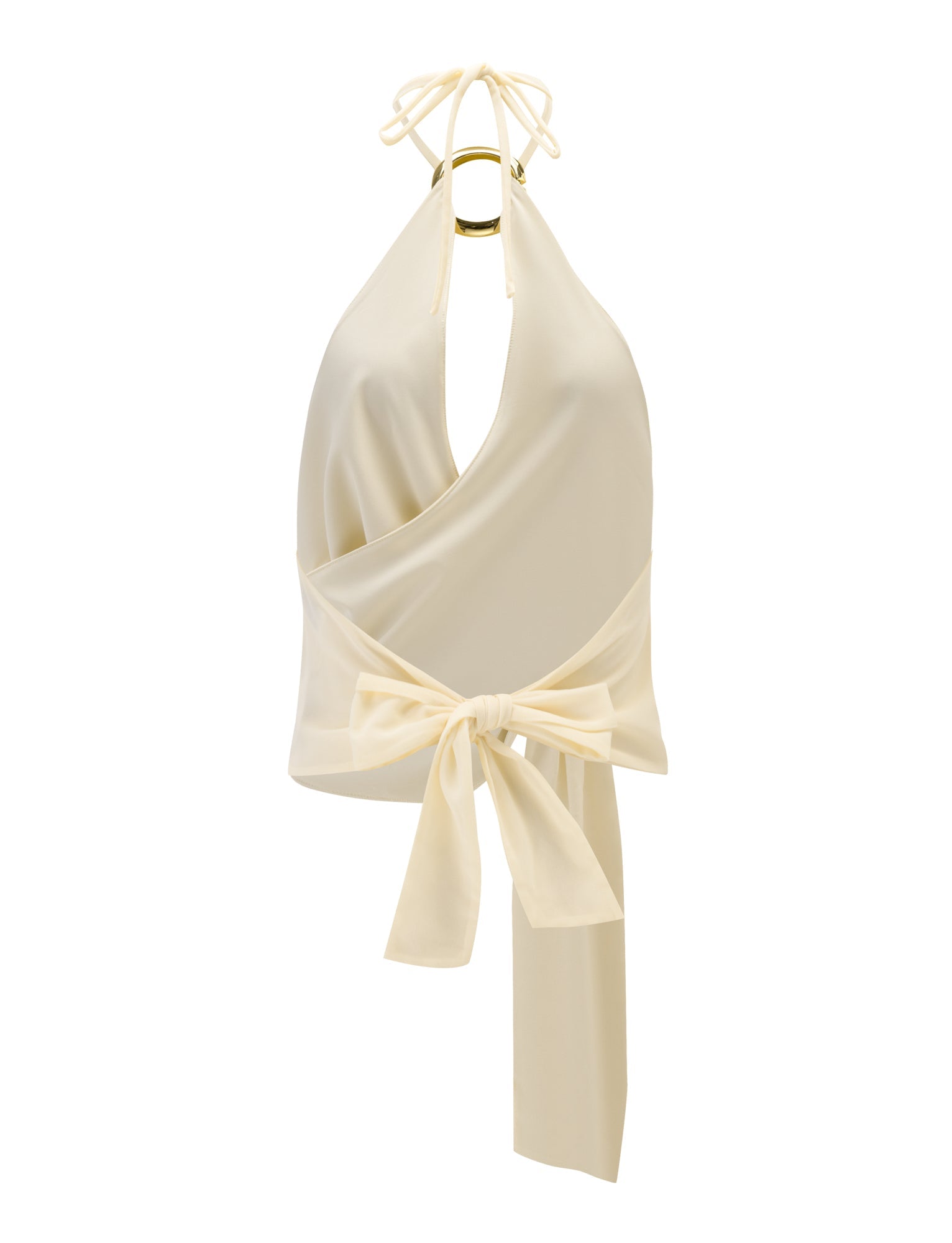 The INDIGO TOP - IVORY by TIGERMIST features a gold ring at the halter neckline, a deep V-cut, wide back-tie straps, and an adjustable tie waist finished with a large bow.